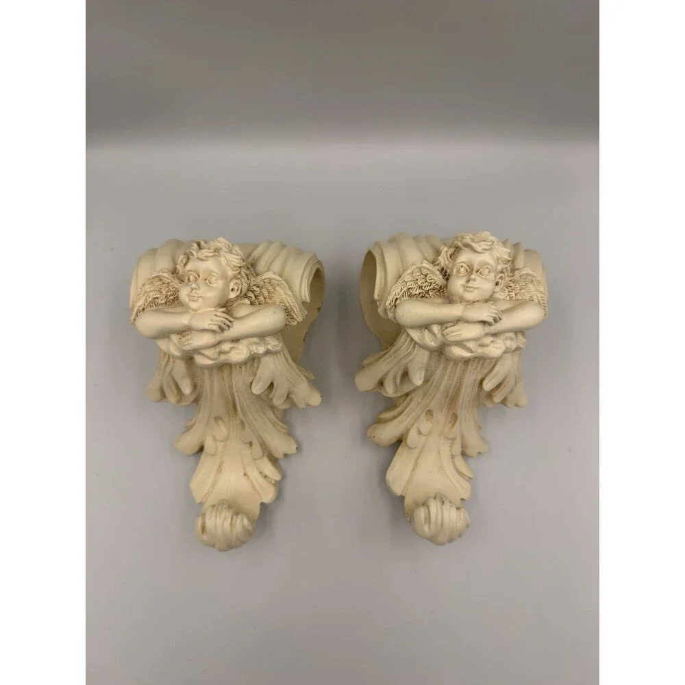 Vintage Cherub Angel Curtain Rod Holders Wall Sconce Corbel Drapery Set of 2